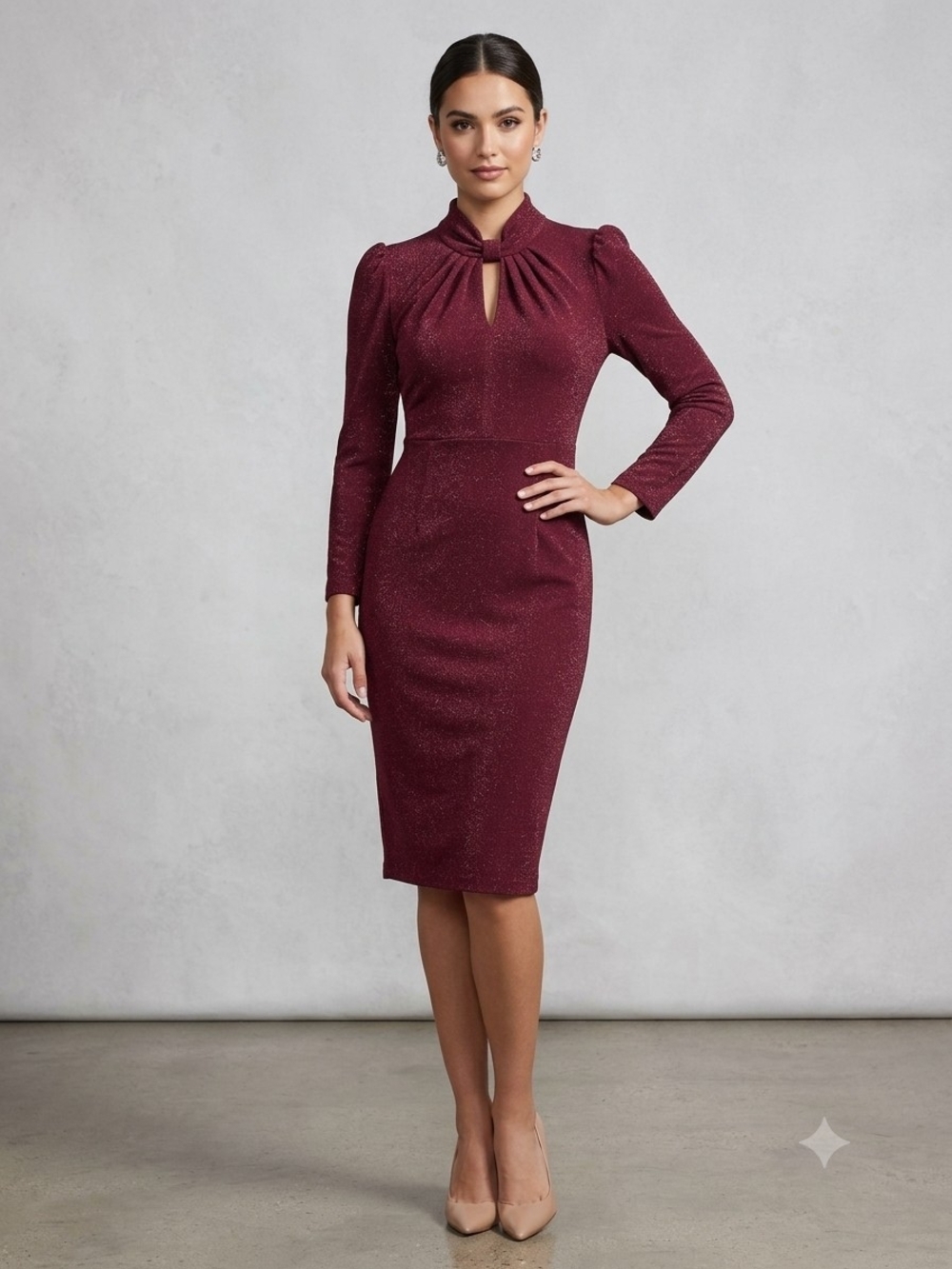 Calvin Klein Burgundy Sparkle Midi Dress with Keyhole Neck